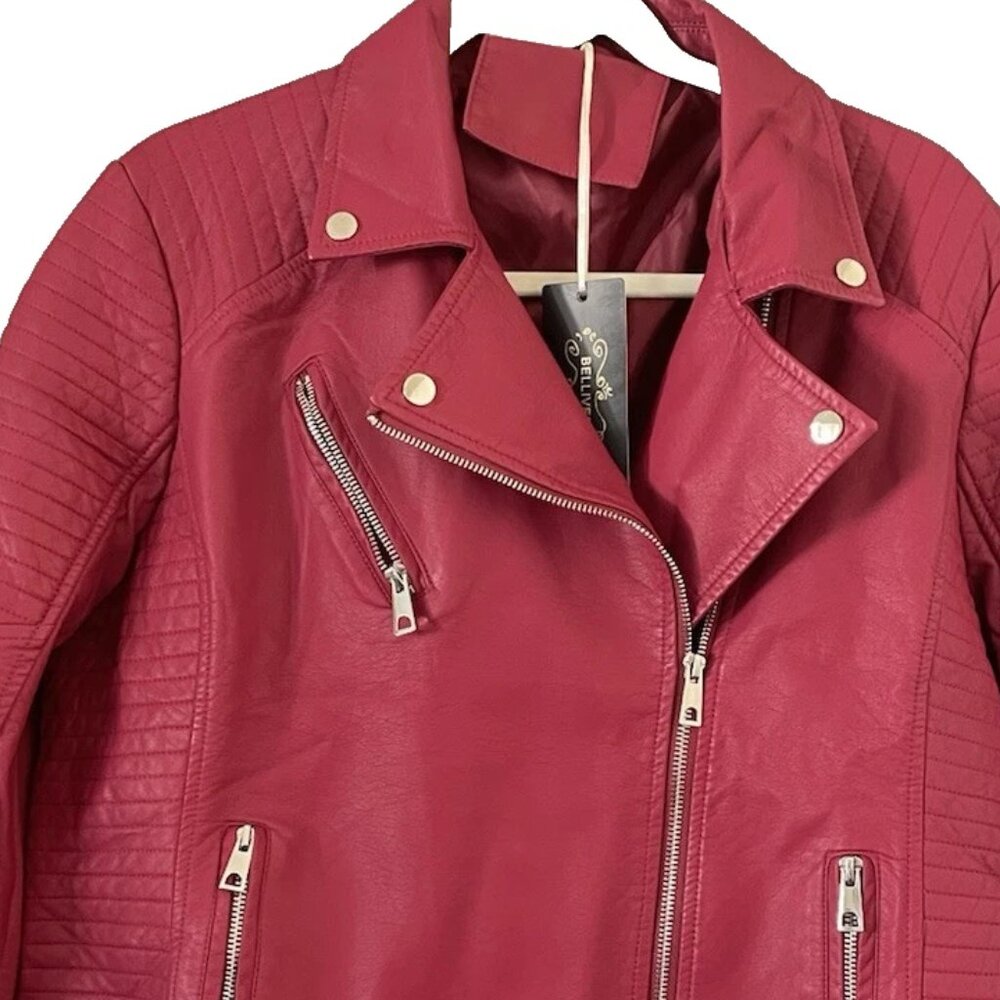 Bellivera Womens Faux Leather Casual Short Red Medium Studded Jacket